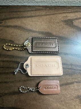 Coach Leather Hangtag Trio in Metallic Bronze, Blush, and Brown